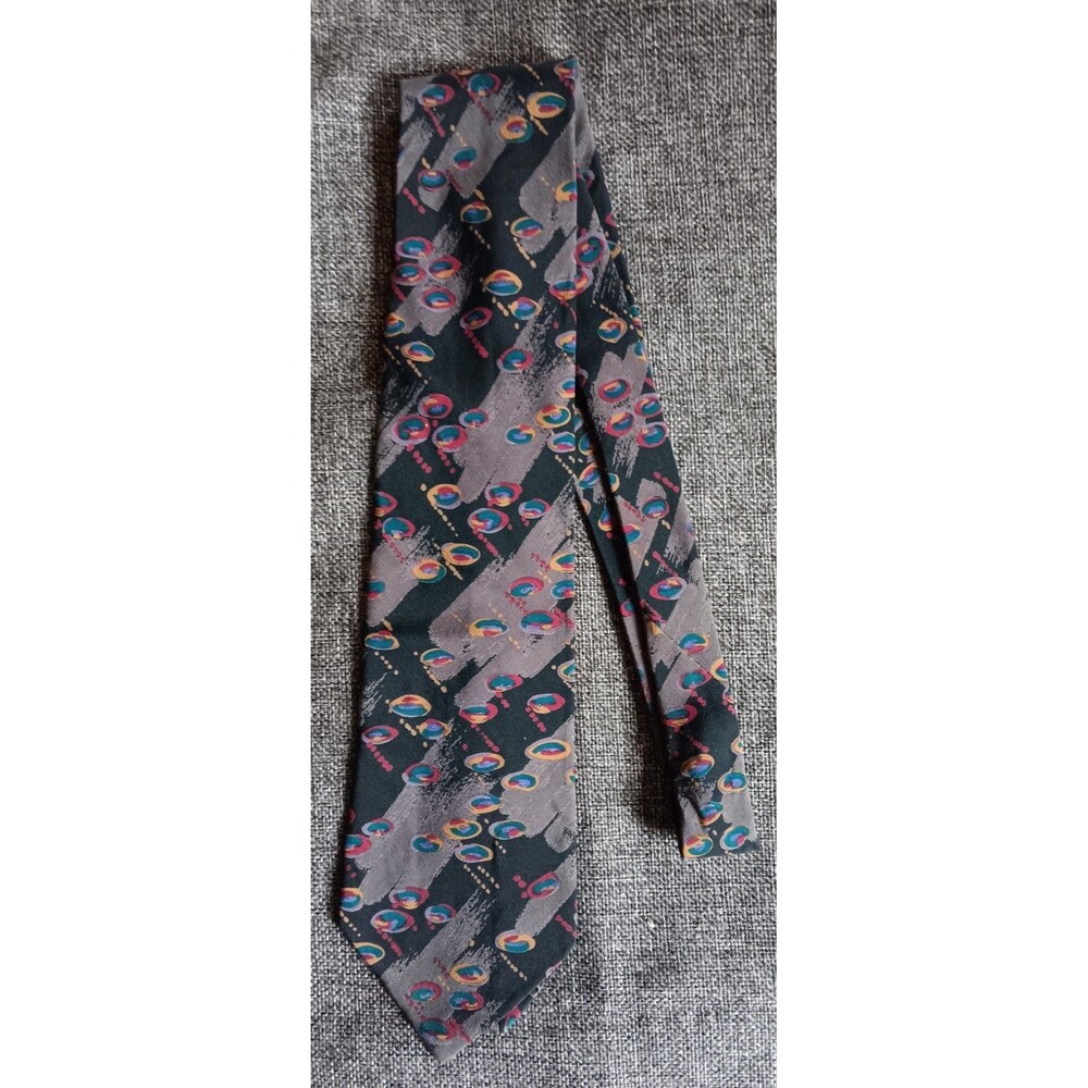 Dress Tie 70s 80s 90s Y2K Mens Linea Moda Silk Gray Gold Blue Geometric 58 inch